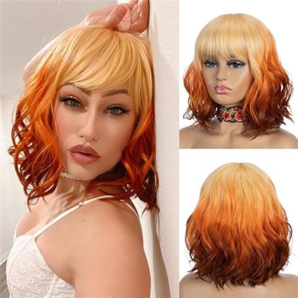 NOBLE Short Bob Wigs with Bangs for Women 3 Tone Ombre Color Synthetic Shoulder - Picture 7 of 7